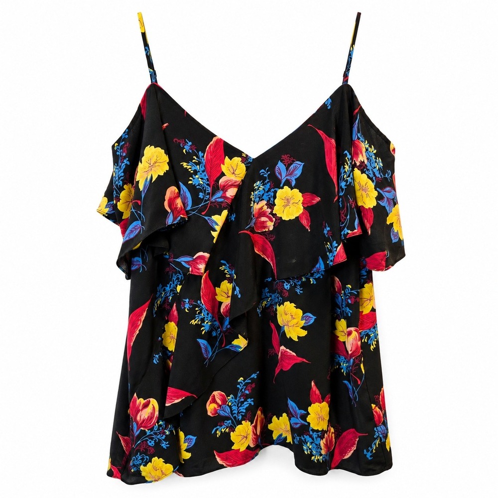Diane von Furstenberg Top Women Small Black Floral Cold Shoulder Ruffle Chiffon